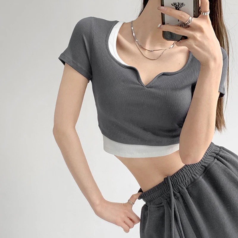 Fashion Fake Two Piece Knitted Short Sleeve T-Shirts Korean Skinny Slim Above Navel Tops Stylish Clash Color Square Collar Tees