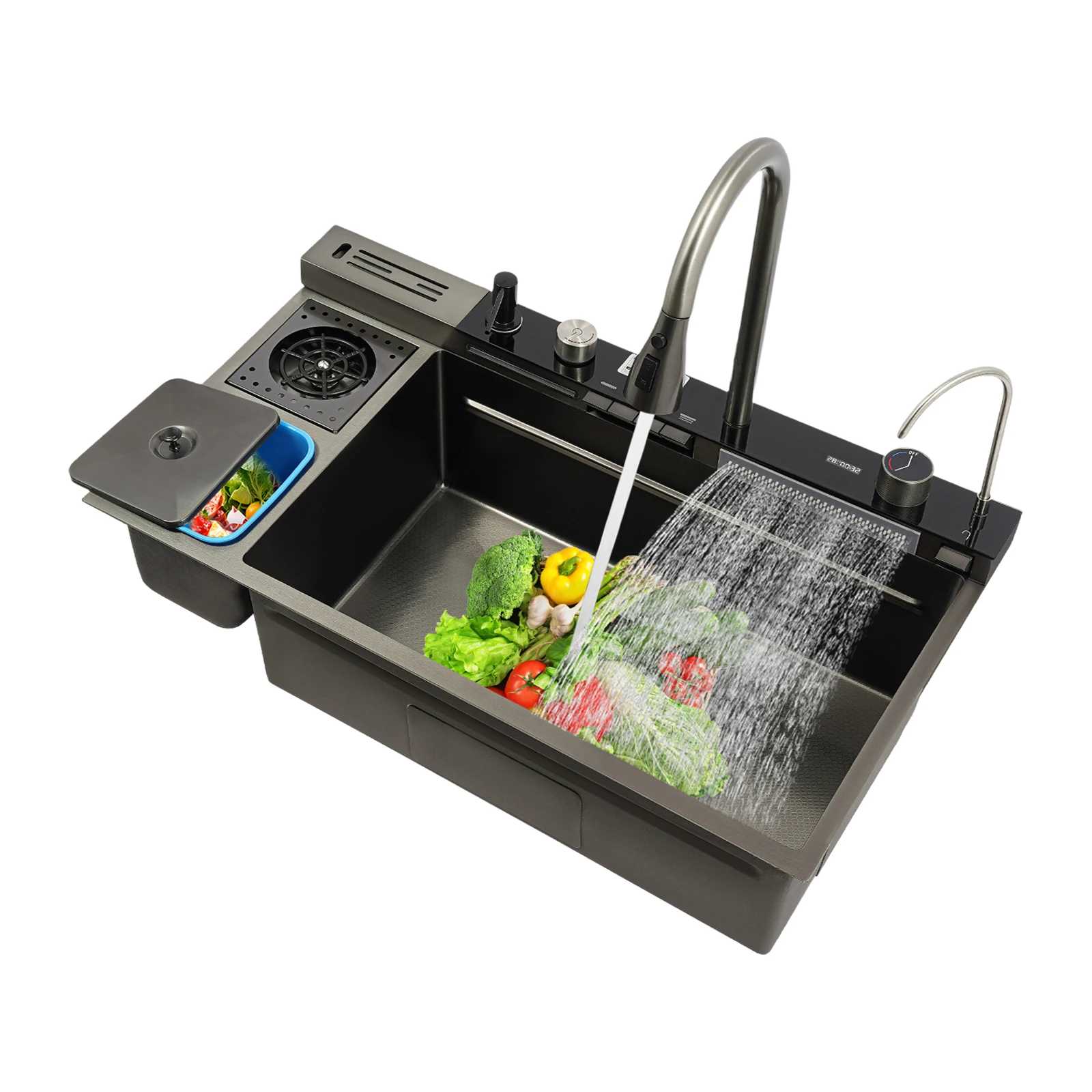 

Waterfall Kitchen Sink 304 Stainless Steel Kitchen Sink 820*480mm Multifunctional Digital Display Modern Nano Black Counter Top