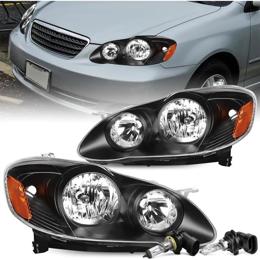 استبدال مجموعة المصابيح الأمامية لـ 20032008 كورولا كشافات الركاب وجانب السائق الأسود الإسكان العنبر عاكس مع انت #1
