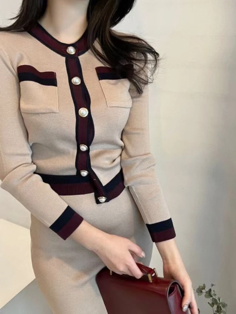 New Autumn Women Fashion Designer Skirt Set Long Sleeve Pockets Tops + High Waist Knee Skirt Knitting 2 Two Pieces Suits