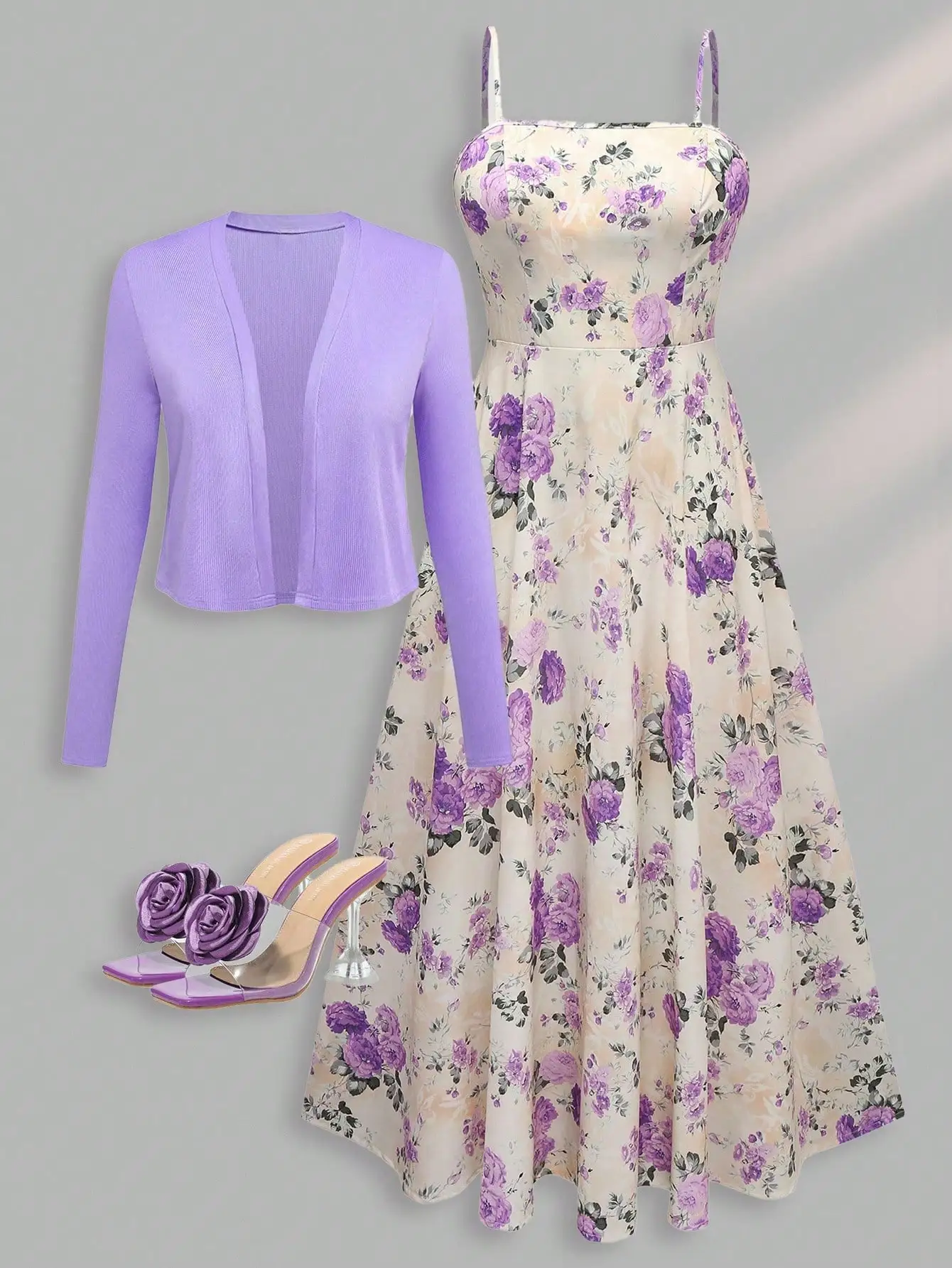 

Женский комплект: платье-камисоль с цветочным принтом и укороченная куртка с длинными рукавами