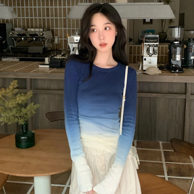 

Градиентная синяя вязаная футболка с длинными рукавами для женщин, весенне-осенние облегающие топы, элегантная базовая одежда Femme