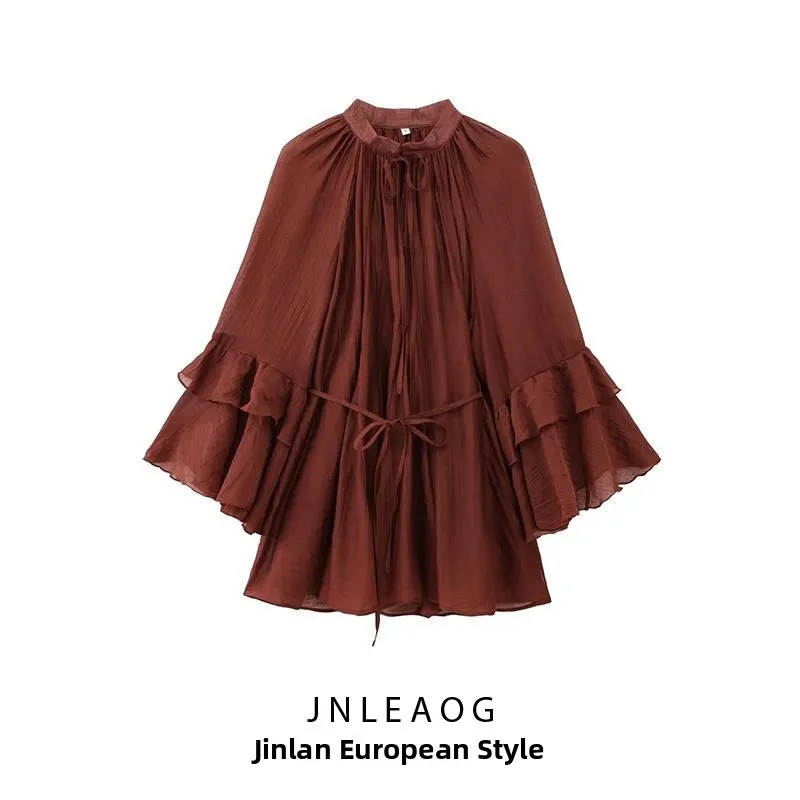 เสื้อผ้าแฟชั่น JNLEAOG แขนยาว ชายระบาย สำหรับผู้หญิง ฤดูใบไม้ร่วง รุ่นใหม่ สไตล์เกาหลี อเนกประสงค์ ผ้าโพลีเอสเตอร์ คอกลม