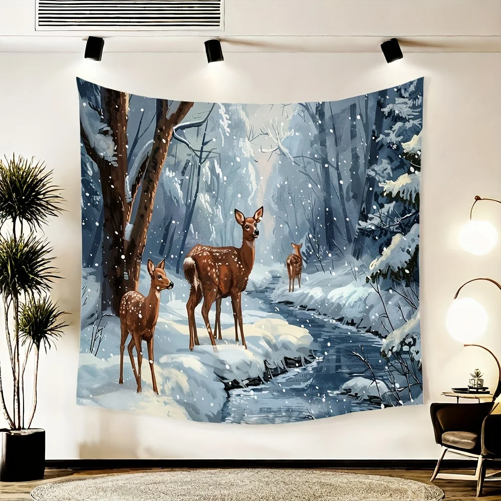 Winter Wonderland Deer Scene Tapestry  Indoor Polyester Wall Hanging With Snowy Forest & Elk Print For Living Room Decor  Woven