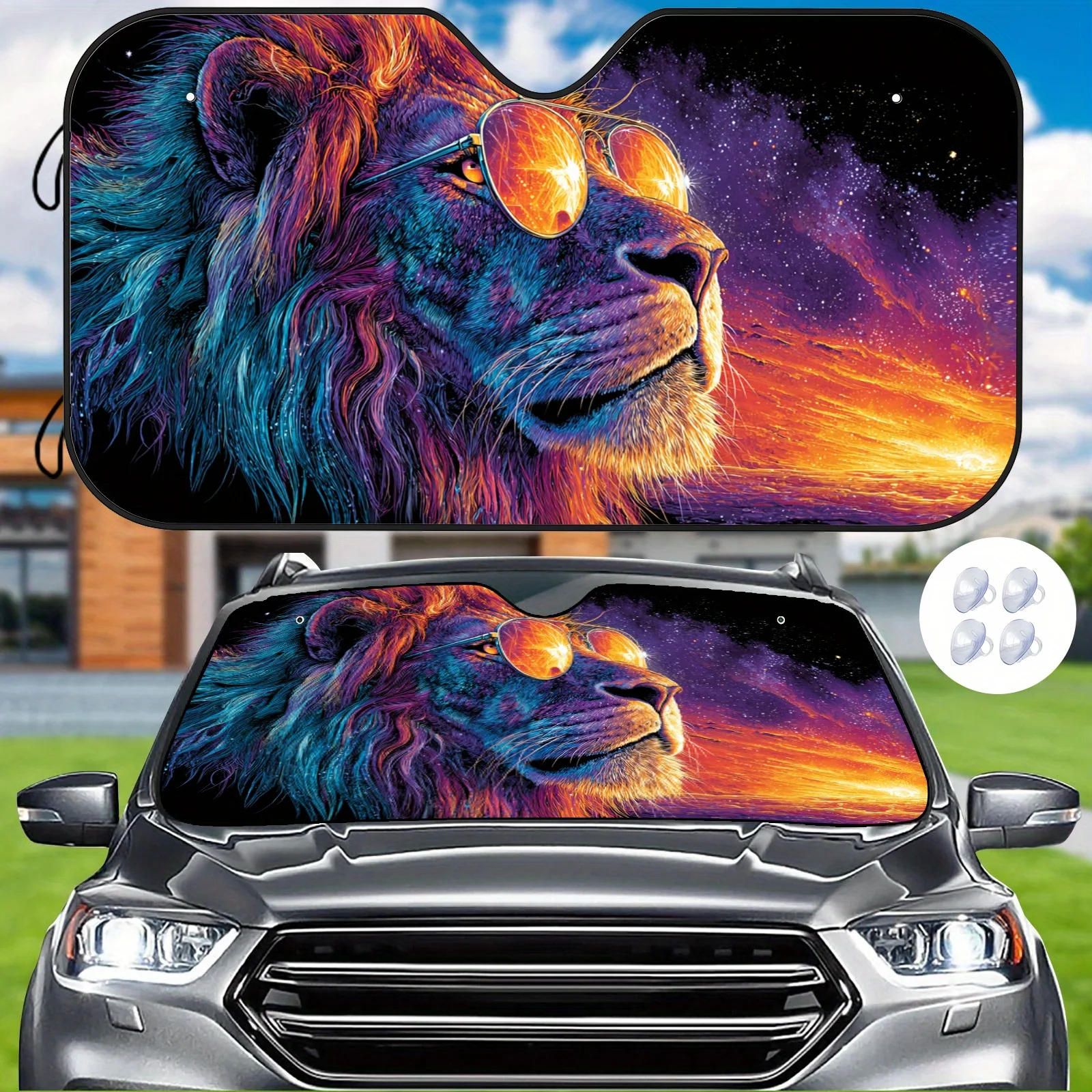 Dream Lion Car Sunshade, Starry Sky Colorful Style, Easy To Install, Includes 4 Suction Cups, Maintains Car Interior Temperature