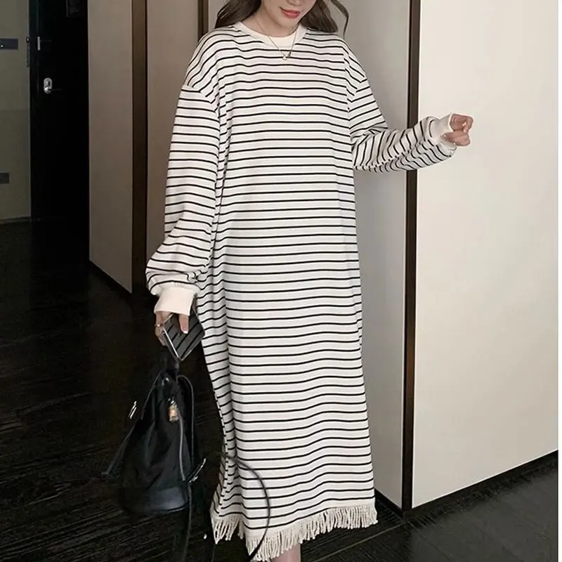 

New Women Clothing Fashion Loose Printing Striped Office Lady Dresses Simplicity O-neck Long Sleeve Tassel Patchwork Pullovers