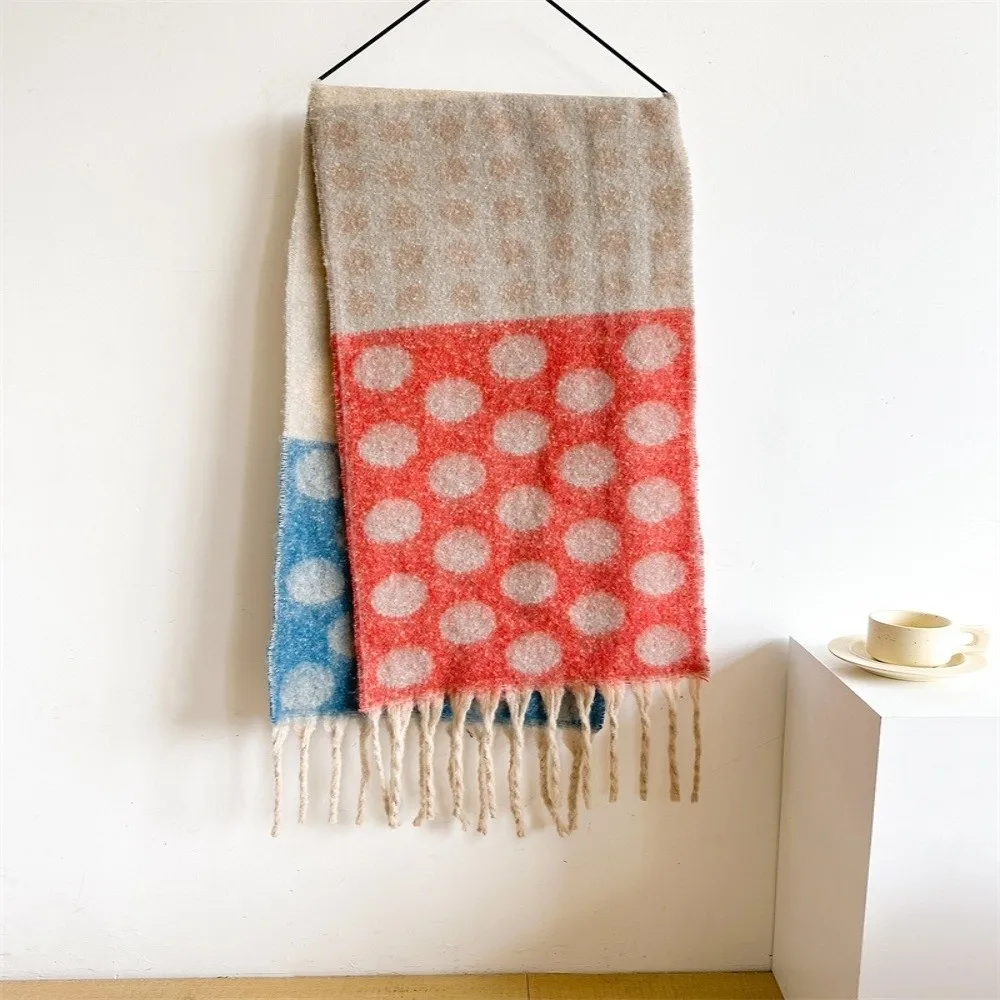 Vintage Charm Soft Faux Cashmere Scarf Thick Long Tassels Polka Dot Pattern Shawl Retro Style Warm Fabric Blanket Scarf Women