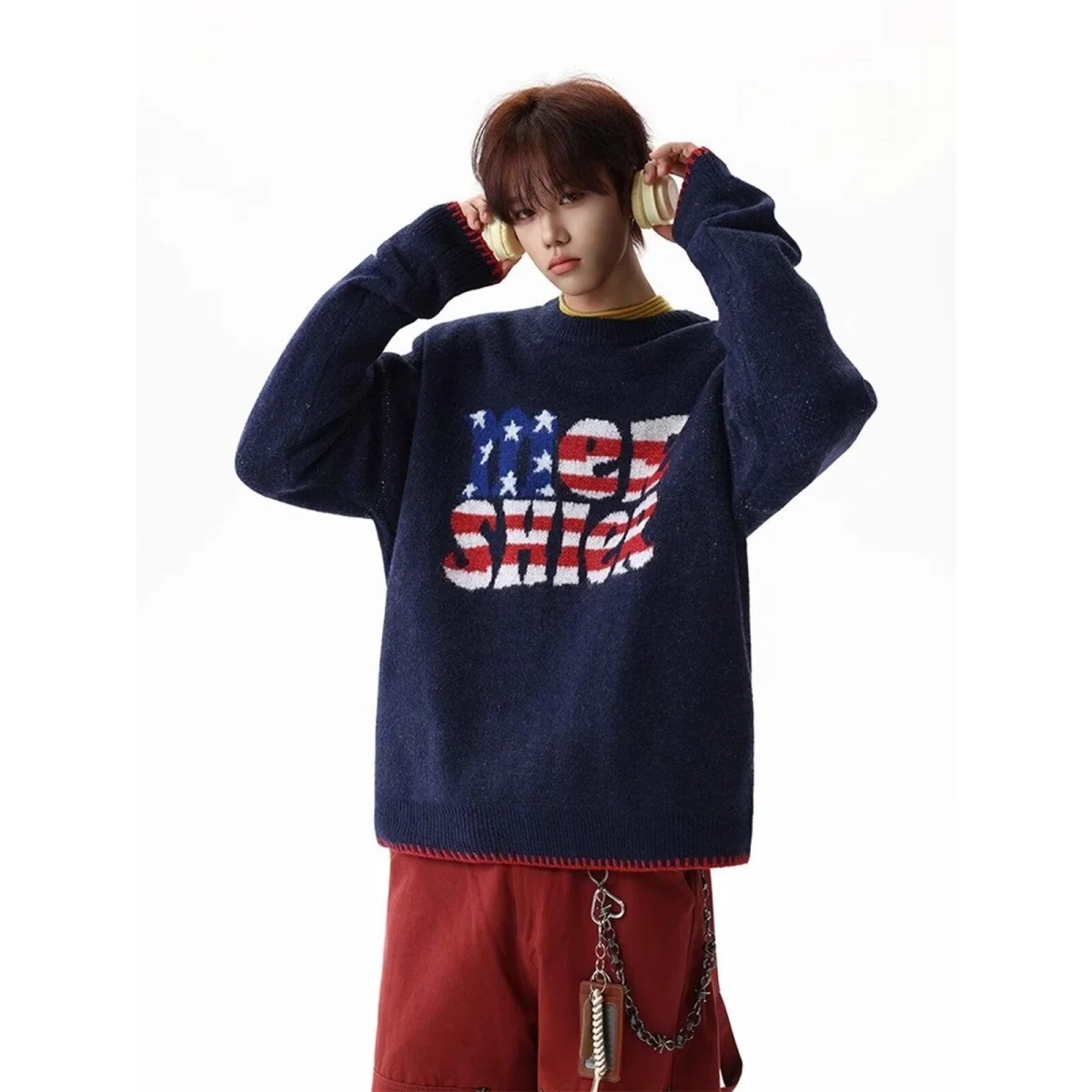 الأمريكية الرجعية رسالة محبوك سترة فضفاضة عادية كسول Sle جولة Ne الأعلى العصرية خط irt للأزواج الخريف الشتاء ارتداء