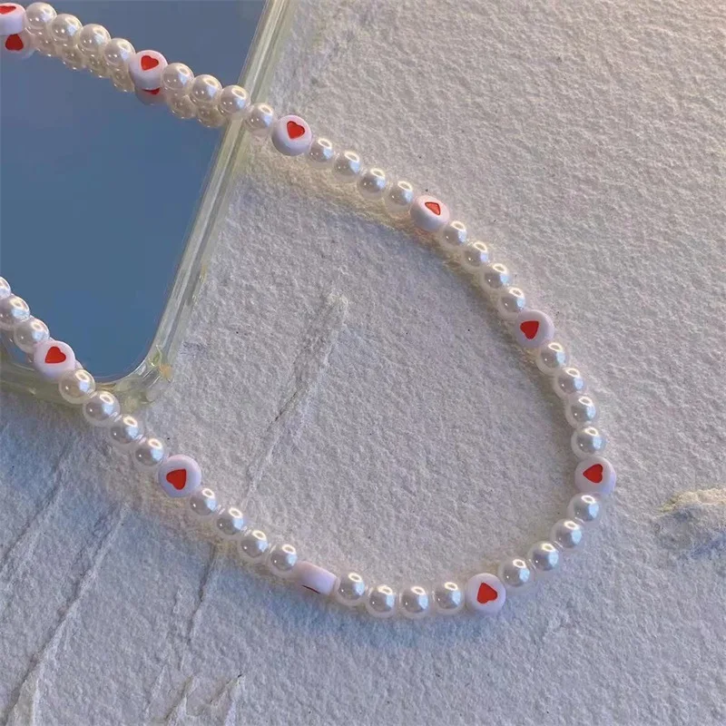 New Ins Trendy Red Love Heart Pearl Chain Mobile Phone Chains Anti-lost Handmade Acrylic Charm Cord Lanyard for Women Girls