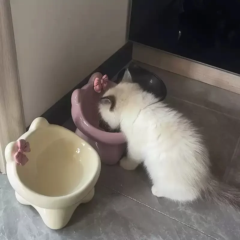 Solid Color Bowknot Ceramic Cat Bowl High Foot Anti Knock Protection Cervical Spine Snack Tray Cat Supplies Cat Food Water Bowl