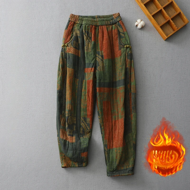 Vintage Print Cotton Linen Harem Pants Women's Winter Thicken Warm Loose Casual Trouser Chinese Style Home Cozy Clothing Z259