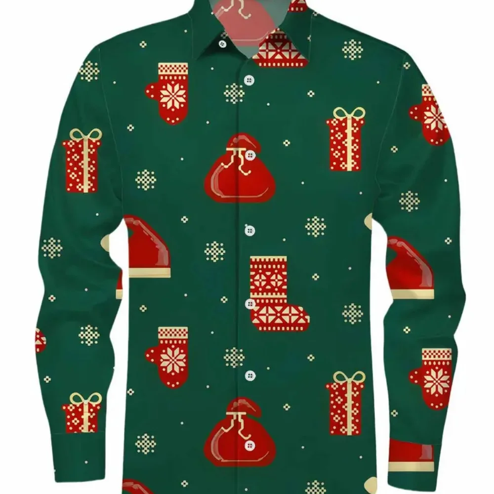 

New 2025 Men's Christmas Shirt Christmas Printed Long Sleeve Casual Button up Collar High Quality Comfortable Soft Party Wear