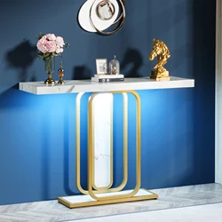 Tribesigns Modern Gold White Console Table with LED Lights, Entryway Hallway Foyer Accent Table with Faux Marble Veneer