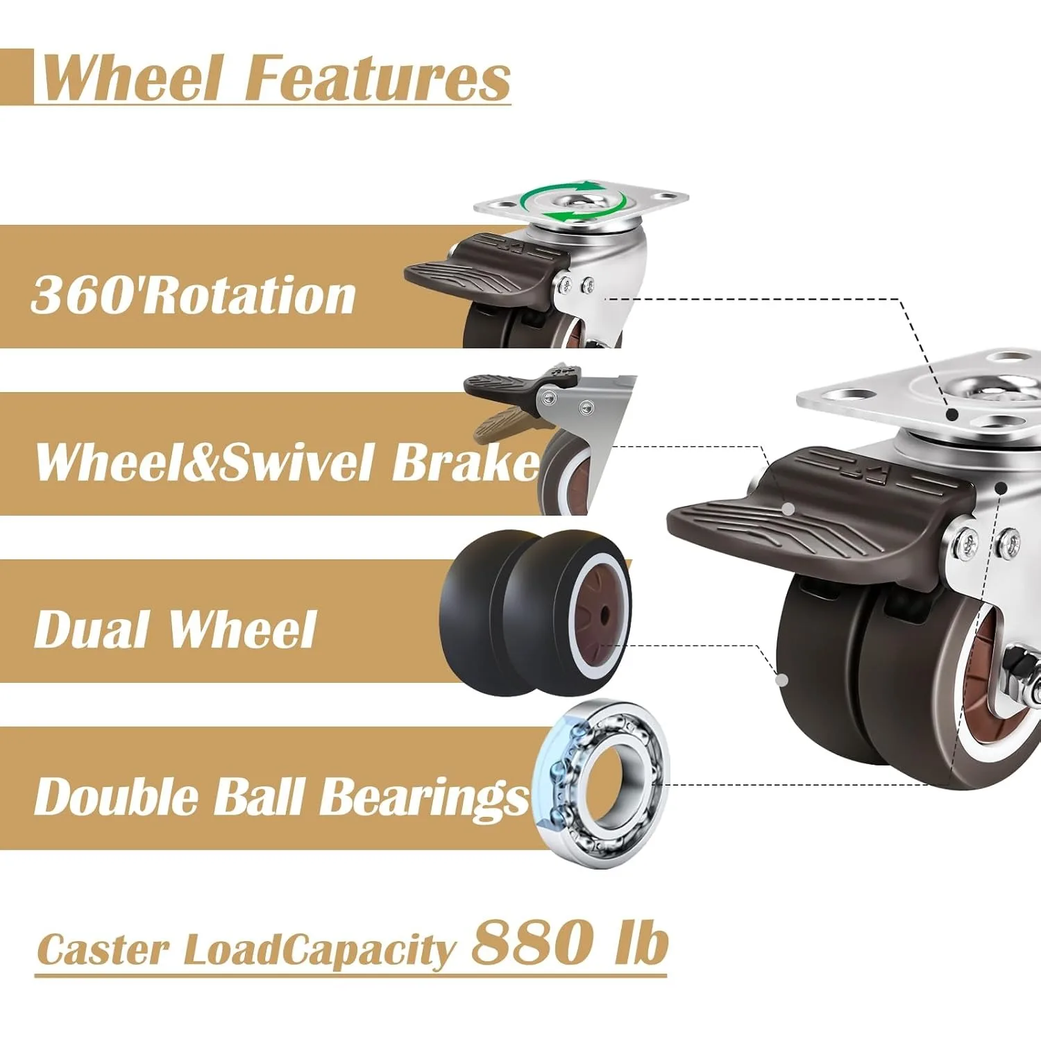 2-inch TPR double wheel furniture Office chair flat bottom universal wheel with brake mute industrial