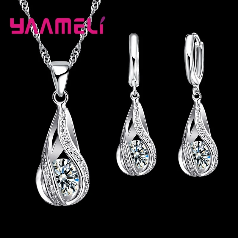 Heißer Wassertropfen CZ 925 Sterling Silber vergoldet Schmuckset für Frauen Anhänger Halskette Creolen Hochzeit Party Ceremoey Anel