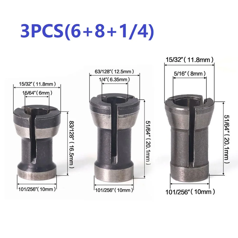 3pcs Trimming Engraving Machine Collet Chucks  6/ 6.35/ 8mm Shank Router Bit Extension Collet Chuck Router Bit Shank Adapter