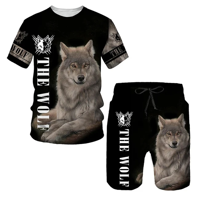 The Wolf Print Set Suit Hip Hop Harajuku 3D Sports 2 Piece Oversized Sweatshirt  O-neck Tshirt Beach Shorts Outfits man clothes