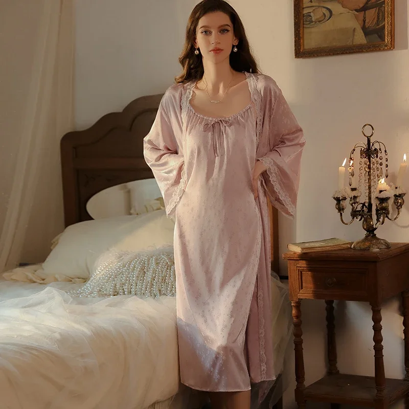 

REBEYULI Brand 2025 Luxury Women Nightgown Set with Bra Pad Jacquard Ladies Sling Sleep Long Loungewear Women Dress Robe Set