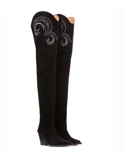 New Light Blue Camel Black Suede Pointed Toe Chunky Heels Over The Knee Boots Women Bling Crystal Rhinestone Run Way Thigh Boots