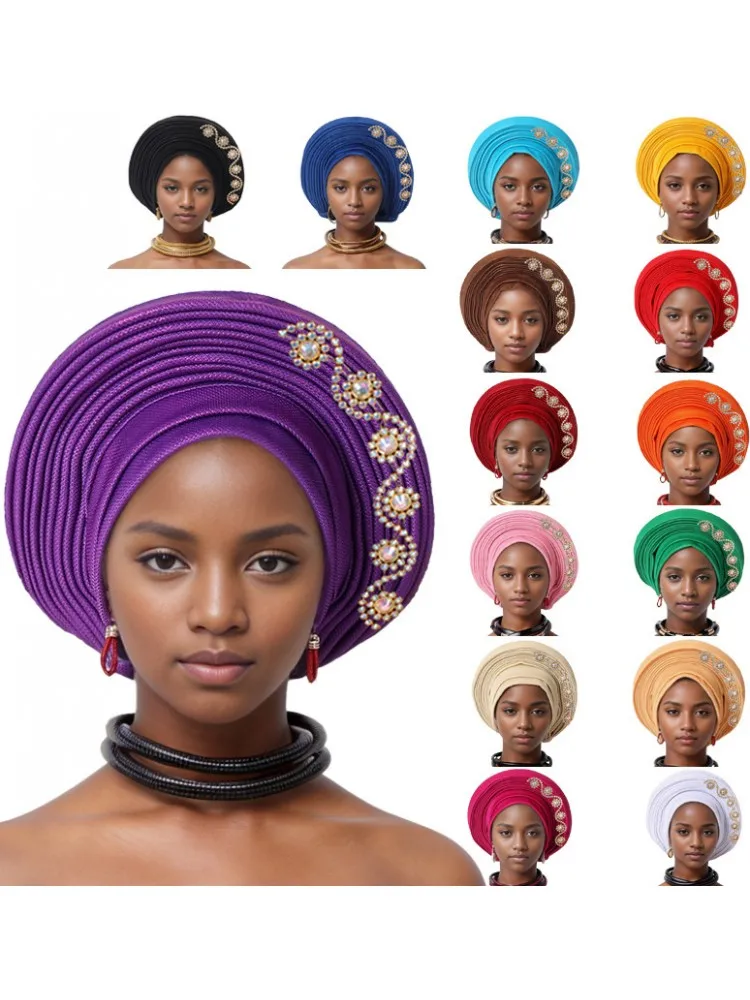 2024 New African Headtie Turban Nigeria Head Ties With Flowers Already Made Auto Gele Women Head Wraps For Wedding Party