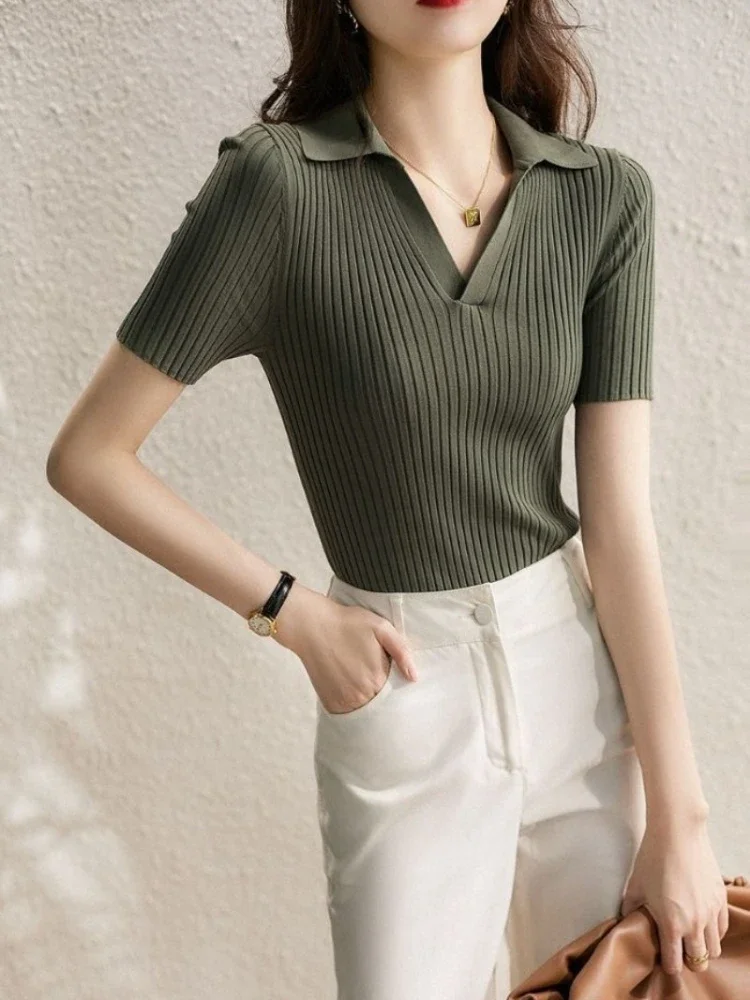 Polo Neck Shirt for Women Knitted Plain Woman T Korean Clothing Casual Tops Short Sleeve Tee Youth Basic Summer 2024 Aesthetic