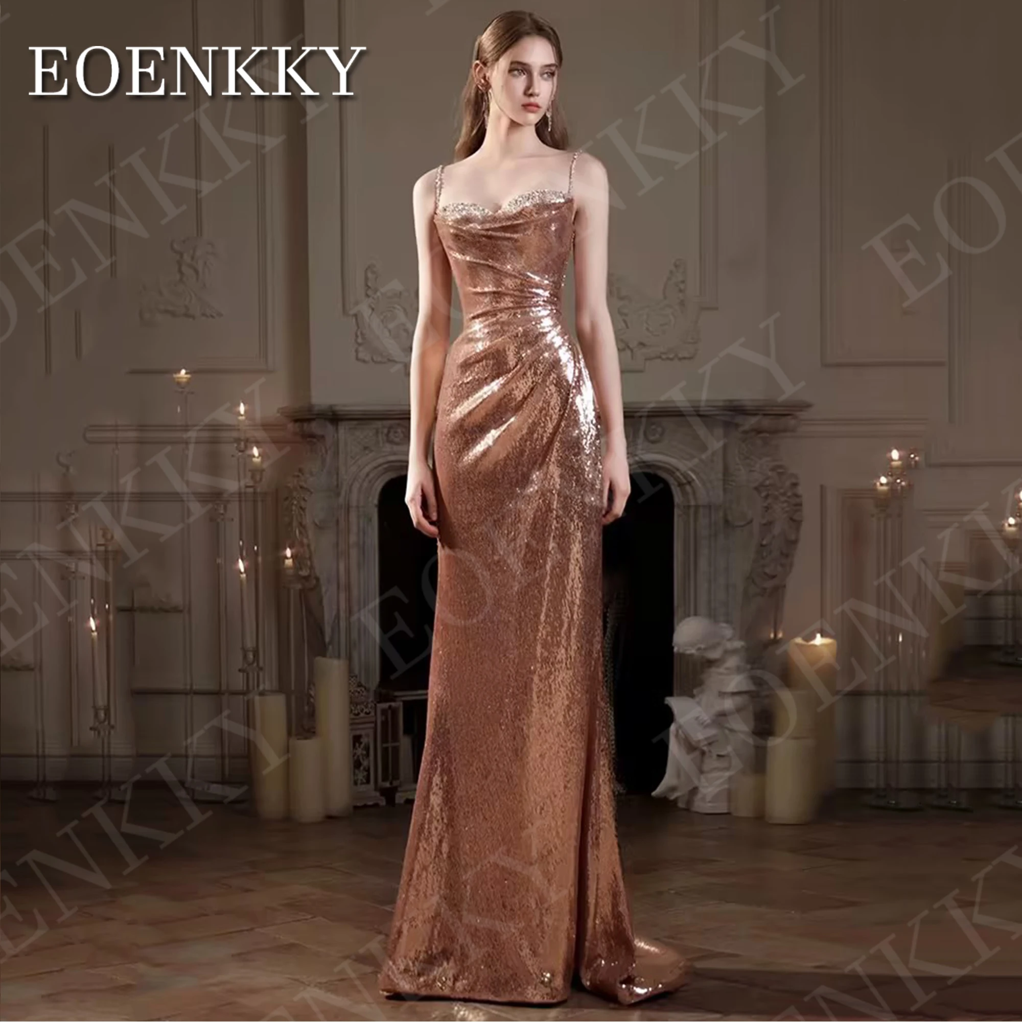 EOENKKY Long Mermaid Evening Dresses Glitter Sequin Spaghetti Strap Sweetheart Neck Prom Party Dress Detachable Train Customized