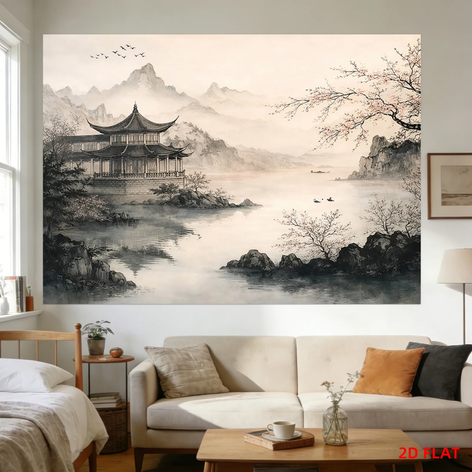 Chinese Landscape Tapestry Wall Hanging Traditional Ink Painting Mountain River Pavilion Tapestry Boho Home Decor for Living