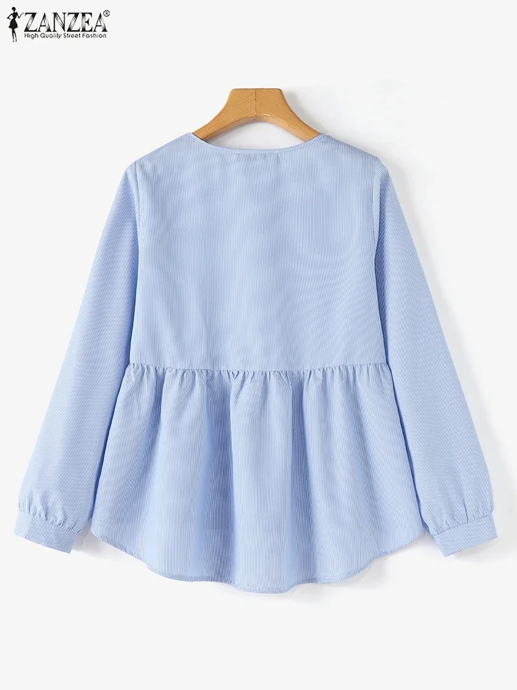 ZANZEA Damskie Koszule z Długim Rękawem Lato 2025 Okrągły Dekolt Koreańska Bluzka w Paski Plisowane Tuniki Codzienne Luźne Plisowane Bluzki z Baskinką