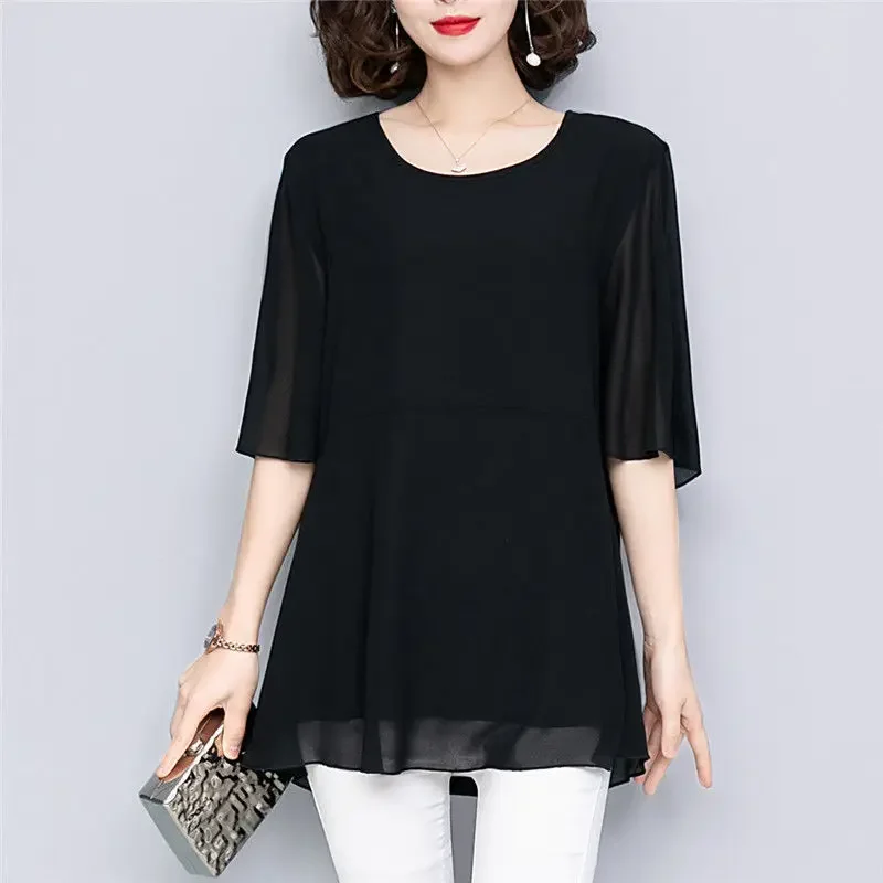 Summer New Chiffon Loose Shirt Tops Round Neck Short Sleeve Solid Color Loose Irregular Blouse Casual Fashion Women Clothing