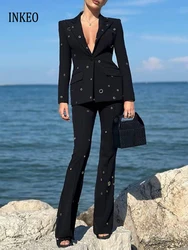 Dames Metalen Gesp Blazer 2 Delige Set 2024 Herfst Winter Single Breasted Jack En Hoge Taille Flare Broek Slim Inkeo 4o084