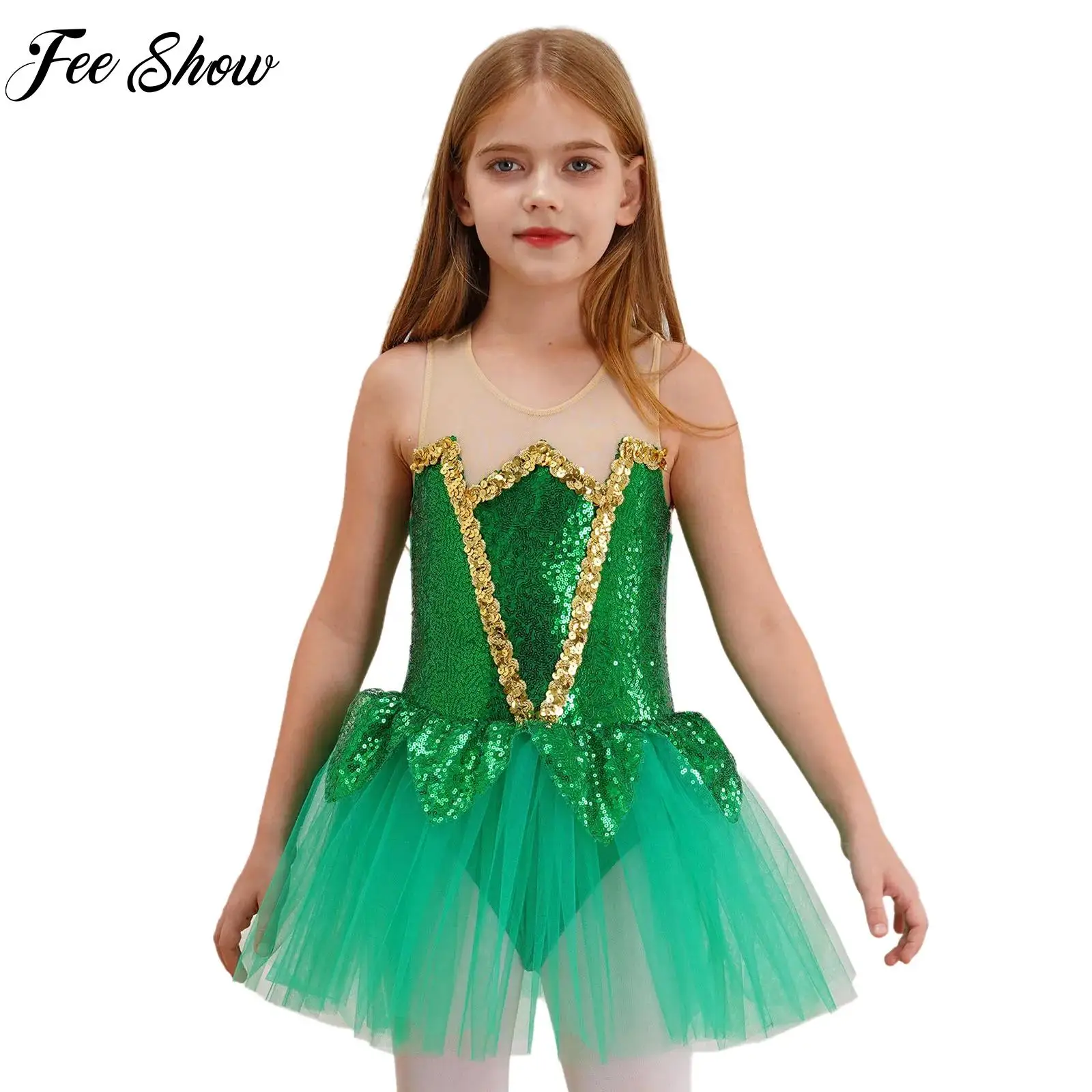 

Girls Ballet Dance Dress Green Sequins Halloween Elf Mesh Tutu Gymastics Leotard Figure Skating Dance Performance Costume