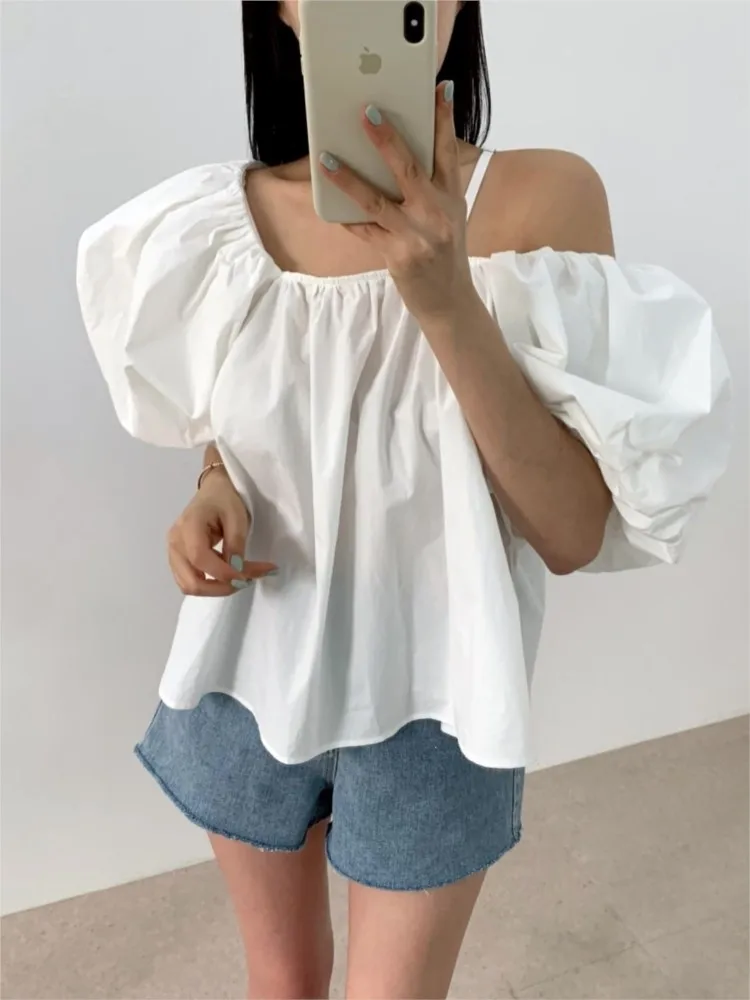 Korean Style Two Way Wear White Bubble Sleeve Shirt Elegant Top Women Fashion Summer Short Sleeve Casual Business Lady's Blouse