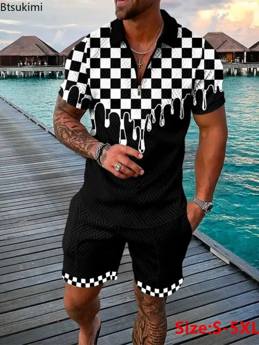 

2025 Men's Summer Shorts Sets Oversized 3D Print Zipper Lapel Polo Shirt+Shorts Streetwear 2PCS Sets Men Summer Clothing Outfits