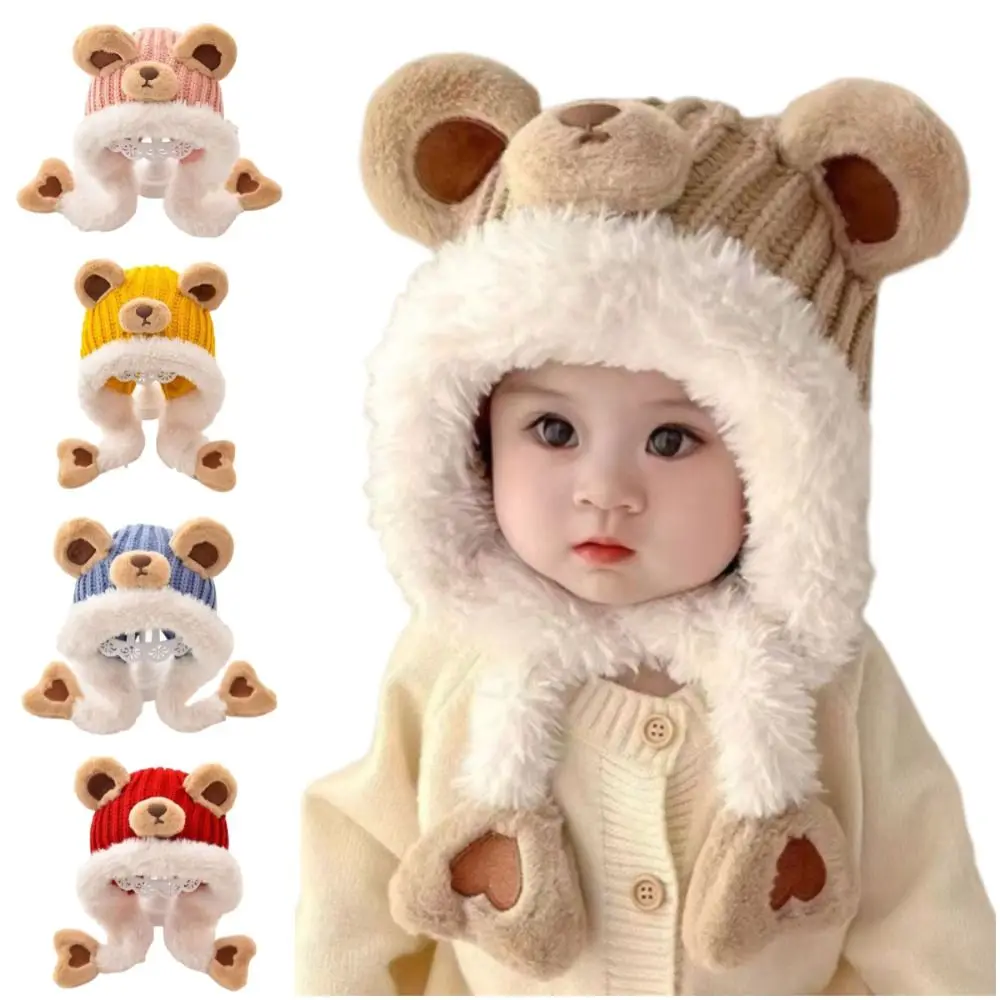 Chapelaria kawaii dos desenhos animados gorro bonés urso à prova de frio bebê proteção de orelha chapéu à prova de vento confortável malha quente chapéu infantil