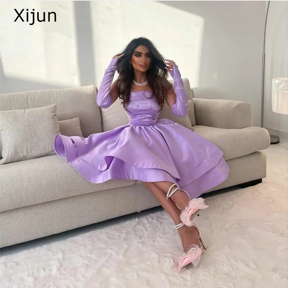 

Xijun Purple Prom Gowns Satin Ctystal A-Line Evening Dresses Knee Length Saudi Arabic Dubai Prom Dress Elegant For Women 2023