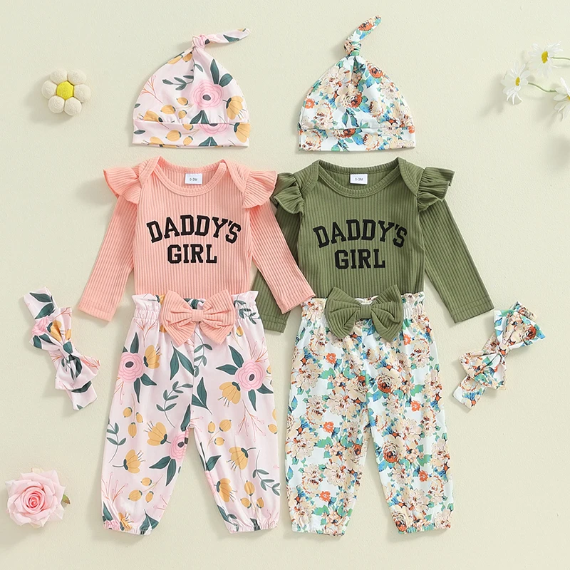 

Newborn Infant Toddler Baby Girl Clothes Daddys Girl Long Sleeve Rib Knit Romper Floral Print Pants Headband Baby Clothes