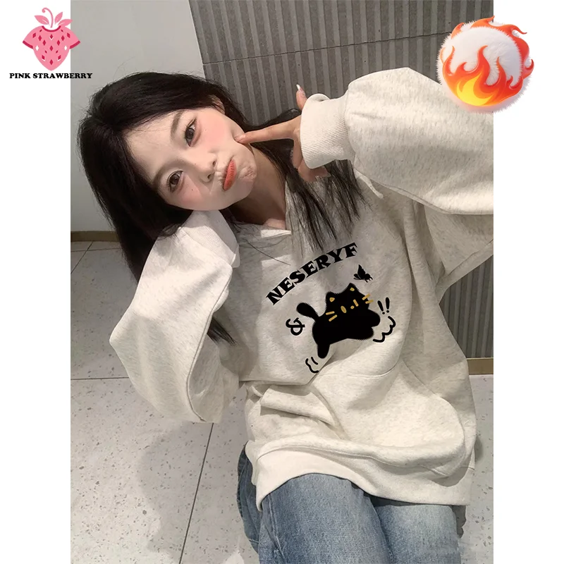 

Korean Cute Cat Print Plush Hoodies Women Autumn Winter 2025 New Oversize Long sleeves Loose Sweatshirt Y2K Tops kawaii clothes