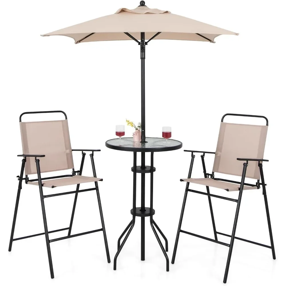 4-Piece Outdoor Bar Set, Round High Top Bar Table with 2 Folding Counter Height Chairs & Umbrella, Patio Bistro Table Set Garden