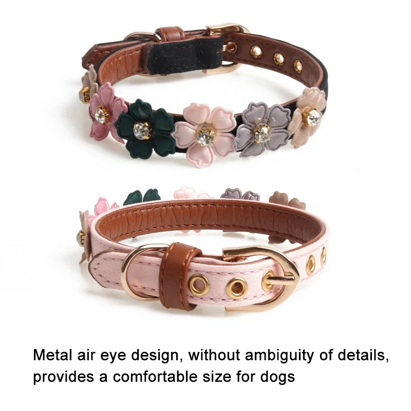 Flowers Pet Dog Collar Leash PU Leather Cat Chain Neck Strap for Small Middle Animal Teddy Chihuahua Pug Fashion Accessories