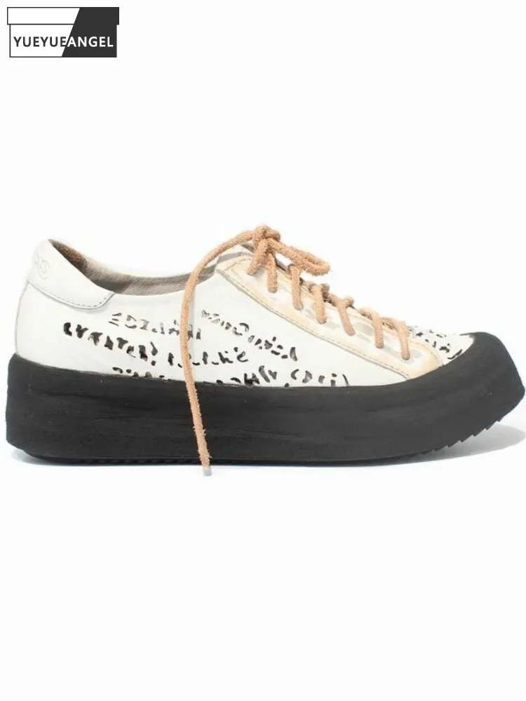 Mens Genuine Leather Casual Shoes Lace Up Hollow Out Design Flat Platform Shoes Men Summer Breathable Shoes Customized 15 Days