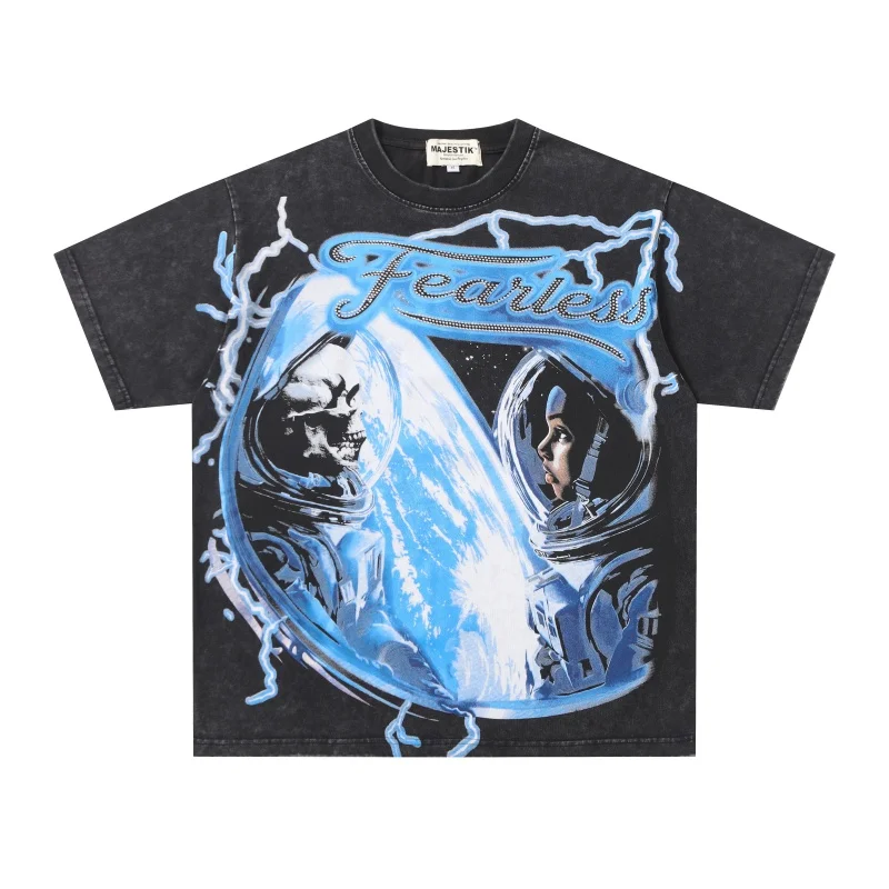 Multicolor MAJESTIK Men's & Women's Streetwear Graffiti Retro Cotton Distressed Round-Neck Summer Short-Sleeve T-Shirt