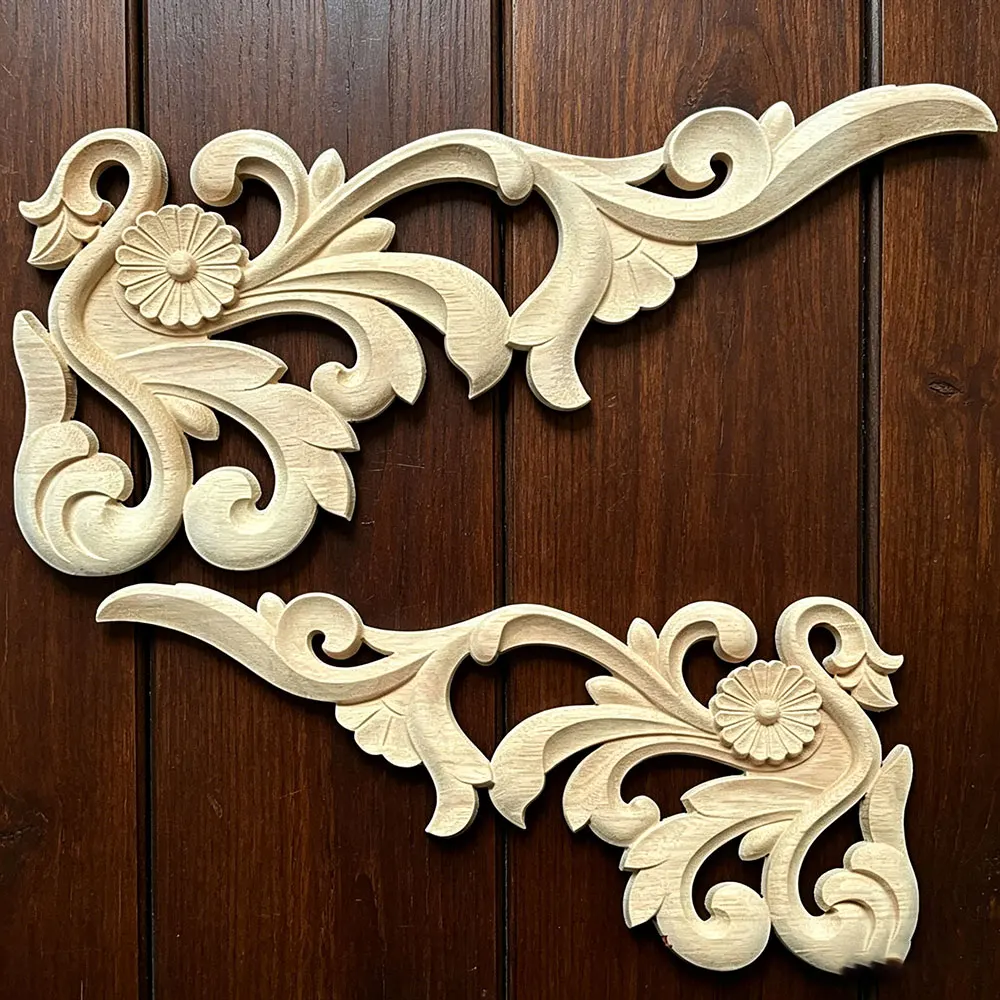 

2PCS 40CM Natural Wood Appliques Flower Carving Decals Decorative Wooden Mouldings for Cabinet Door Furniture Decor Figurines