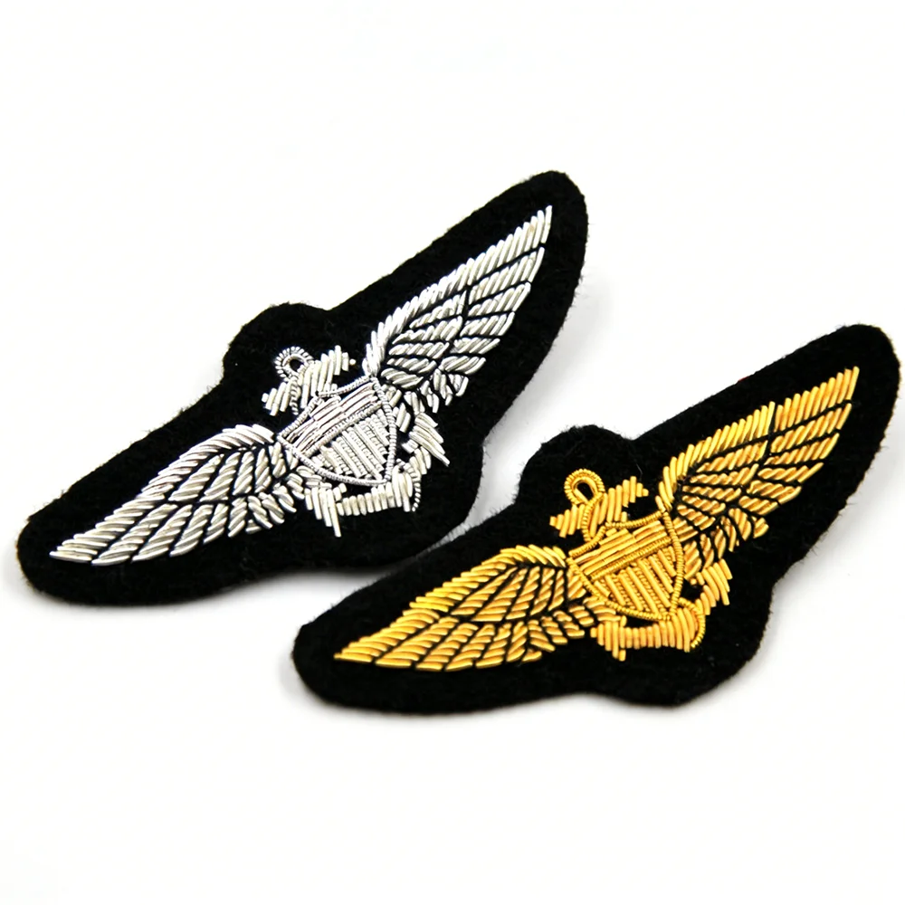 Hand-Embroidered Bullion Wire US Naval Aviator Wings Badge Patch Pilot Patch for Leather Jackets, Uniforms, Collectibles
