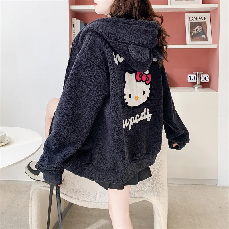 Hello Kitty 2024 New Plush Jacket Women Kawaii Winter Loose Long Sleeve Cardigan Coat Girls Casual Soft Warm Thick Hoodies Gifts