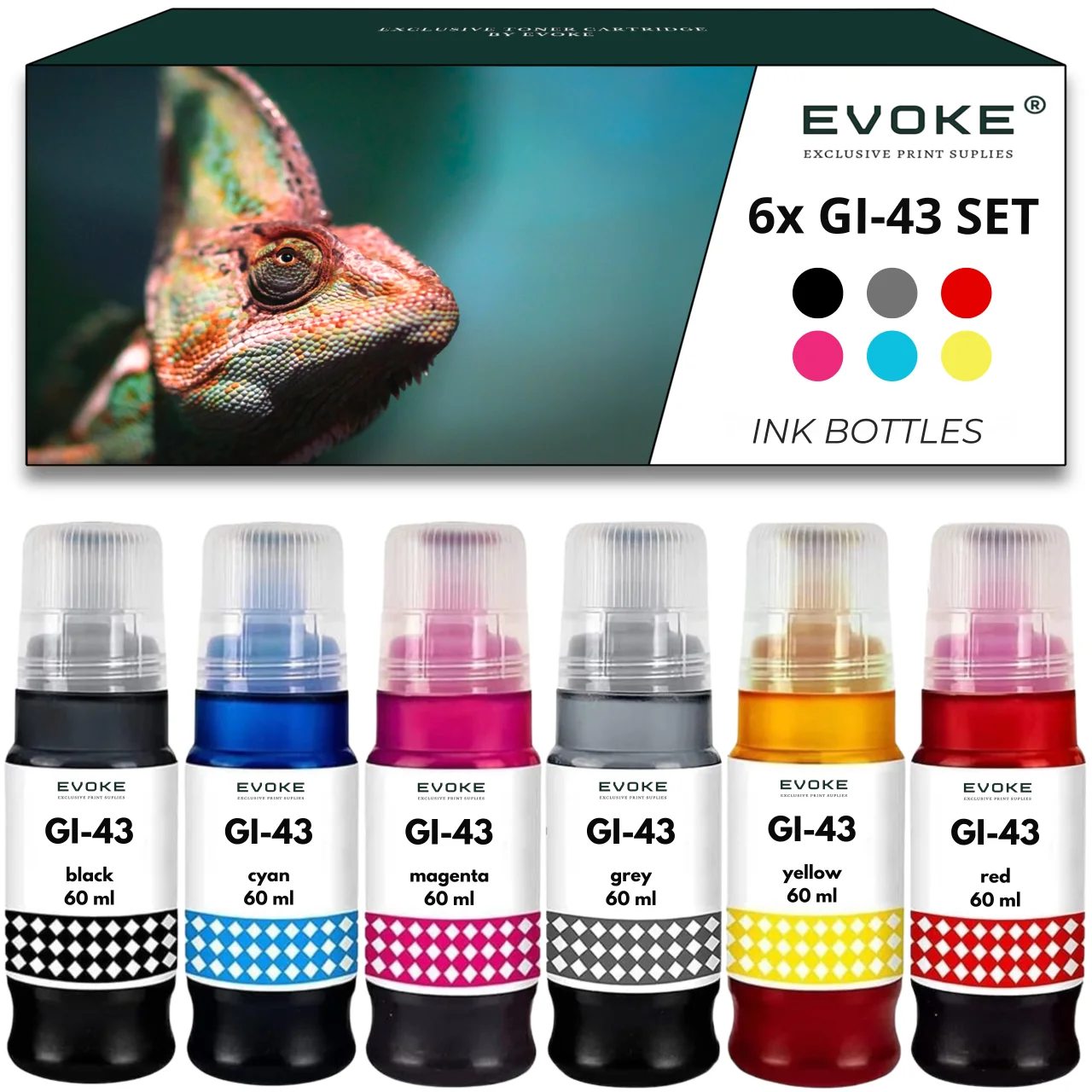 Evoke Compatibele Inkt voor Canon Gi-43 Gi43 6X Foto: Zwart, Cyaan, Magenta, Geel, Grijs, Rood 360 ml 22200 Pagina's Pixma G540 G550 G640 G650