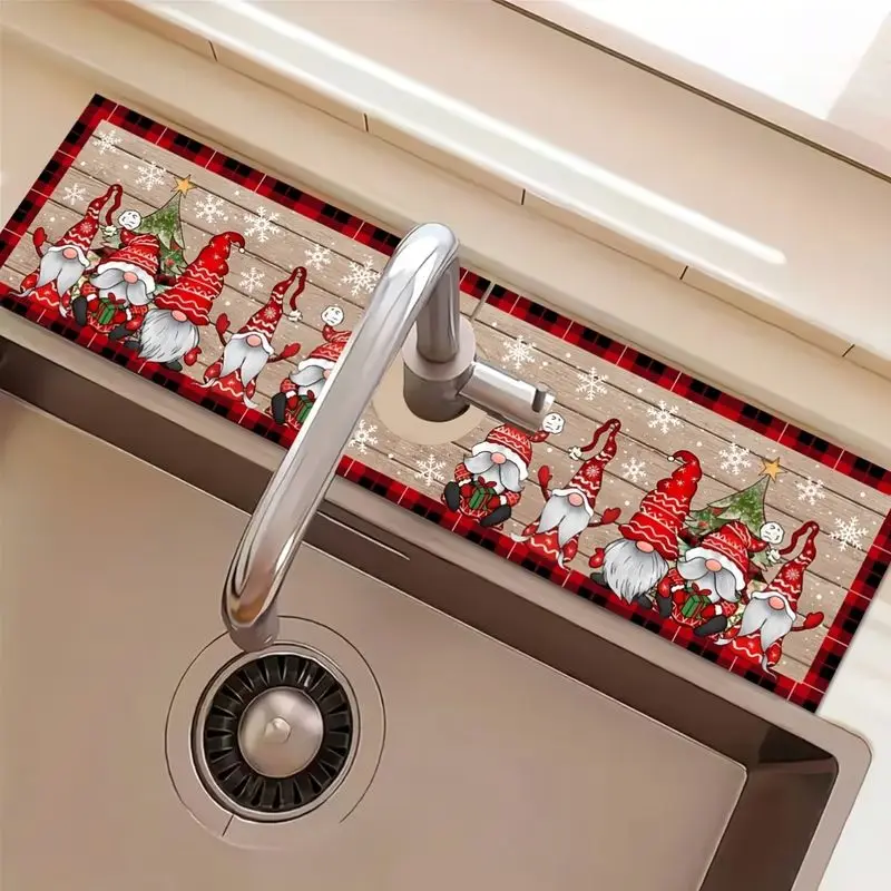 VIKAMA Non Slip Quick Drying Faucet Mat Water Absorbent Sink Pad For Kitchen Christmas Gingerbread Candy Cane Home Decor