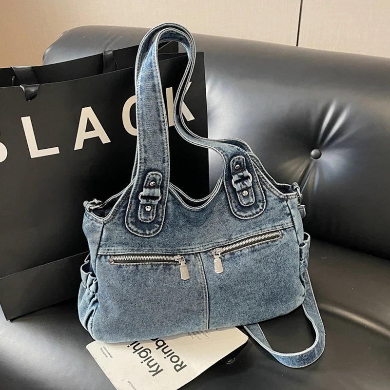 

Сумка для путешествий в стиле ретро из денима, повседневная сумка-мессенджер через плечо, вместительная сумка-тоут, мотоциклетная сумка Y2K, простая портативная сумка-багет