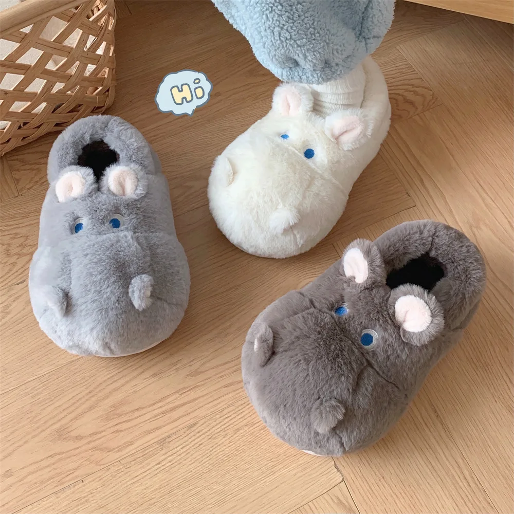 

Creative Cartoon Cute Hippo All-inclusive Plush Cotton Slippers Women's Winter Indoor Plush Warm Comfortable Fluffy Shoes