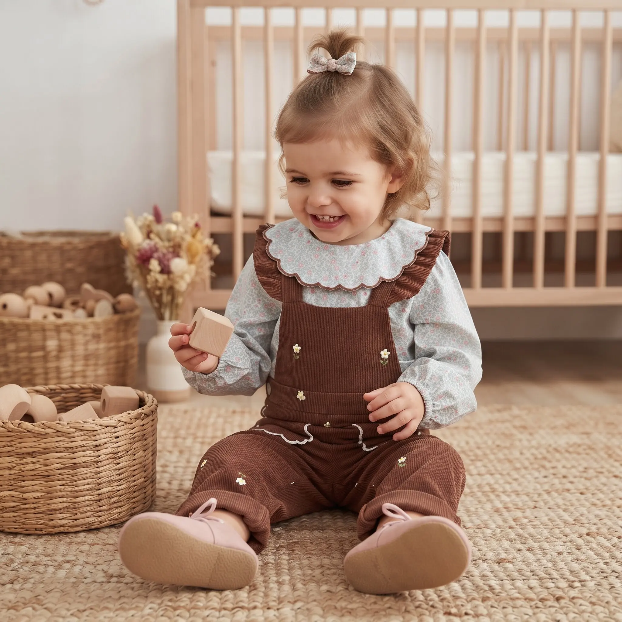 Baby-Mädchen-Bluse mit Blumenmuster und Peter-Pan-Kragen, langärmelig, braune Corduroy-Overalls mit Blumenstickerei und Rüschenbändern, 2-teiliges Set – Detail 3