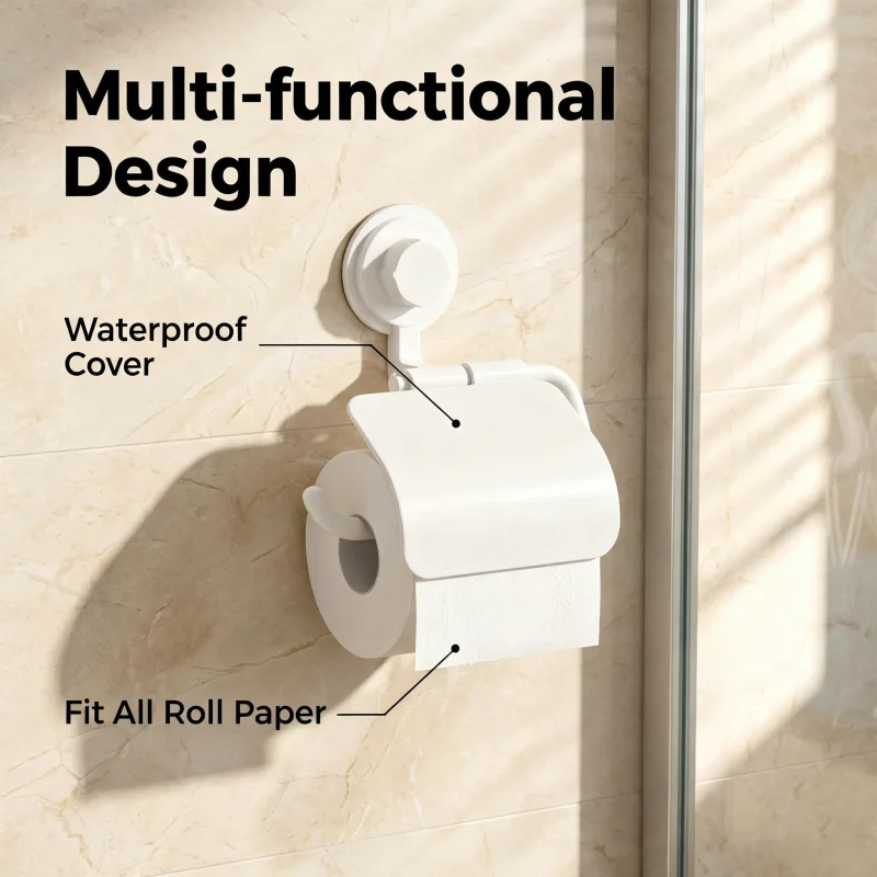Non-Drilling Suction Cup Toilet Paper Holder, ABS Waterproof Bathroom Paper Roll Holder, Black/White, Suitable for Ceramic Tiles